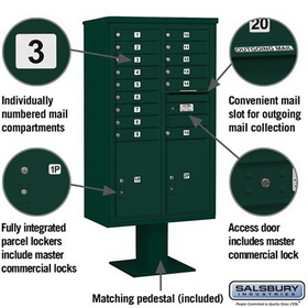 Salsbury Industries 3415D-15GRN Pedestal Mounted 4C Horizontal Mailbox Unit - 15 Door High Unit (70-1/4 Inches) - Double Column - 15 MB1 Doors / 2 PL6