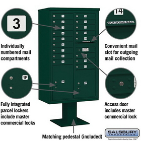 Salsbury Industries 3415D-17GRN Pedestal Mounted 4C Horizontal Mailbox Unit - 15 Door High Unit (70-1/4 Inches) - Double Column - 17 MB1 Doors / 1 PL5 and 1 PL6 - Green