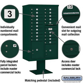 Salsbury Industries 3415D-19GRN Pedestal Mounted 4C Horizontal Mailbox Unit - 15 Door High Unit (70-1/4 Inches) - Double Column - 19 MB1 Doors / 1 PL4 and 1 PL5 - Green