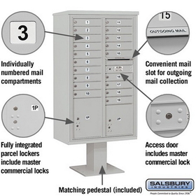 Salsbury Industries 3415D-19GRY Pedestal Mounted 4C Horizontal Mailbox Unit - 15 Door High Unit (70-1/4 Inches) - Double Column - 19 MB1 Doors / 1 PL4 and 1 PL5 - Gray