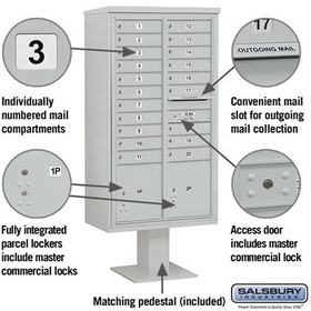 Salsbury Industries 3416D-20GRY Pedestal Mounted 4C Horizontal Mailbox Unit - Maximum Height (72 Inches) - Double Column - 20 MB1 Doors / 2 PL4.5