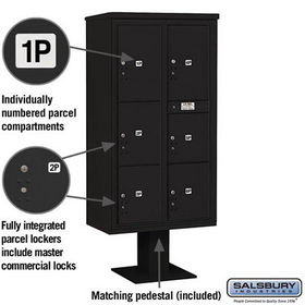 Salsbury Industries 3416D-6PBLK Pedestal Mounted 4C Horizontal Mailbox Unit - Maximum High (72 Inches) - Double Column - Stand-Alone Parcel Locker - 1 PL4, 2 PL4.5