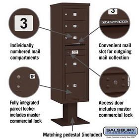 Salsbury Industries 3416S-04BRZ Pedestal Mounted 4C Horizontal Mailbox Unit - Maximum Height (72 Inches) - Single Column - 3 MB2 Doors / 1 MB3 Door / 1 PL4.5 - Bronze