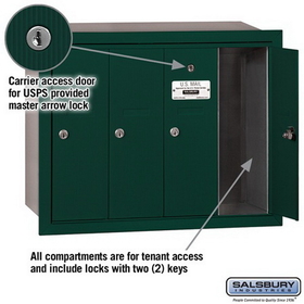 Salsbury Industries 3504GRU Vertical Mailbox - 4 Doors - Green - Recessed Mounted - USPS Access