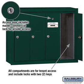 Salsbury Industries 3504GSP Vertical Mailbox (Includes Master Commercial Lock) - 4 Doors - Green - Surface Mounted - Private Access