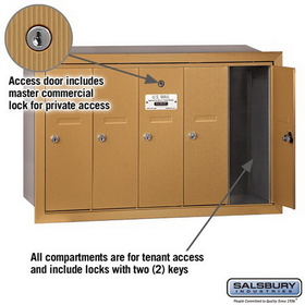 Salsbury Industries 3505BRP Vertical Mailbox (Includes Master Commercial Lock) - 5 Doors - Brass - Recessed Mounted - Private Access