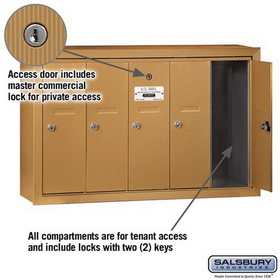 Salsbury Industries 3505BSP Vertical Mailbox (Includes Master Commercial Lock) - 5 Doors - Brass - Surface Mounted - Private Access