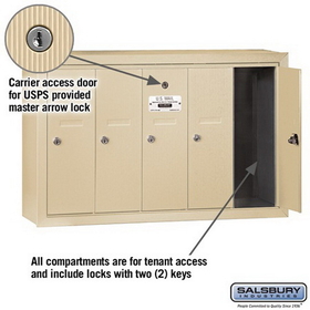 Salsbury Industries 3505SSU Vertical Mailbox - 5 Doors - Sandstone - Surface Mounted - USPS Access