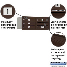 Salsbury Industries 3703D-04ZRP Recessed Mounted 4C Horizontal Mailbox - 3 Door High Unit (13 Inches) - Double Column - 4 MB1 Doors - Bronze - Rear Loading - Private Access