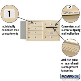 Salsbury Industries 3704D-06SRU Recessed Mounted 4C Horizontal Mailbox - 4 Door High Unit (16 1/2 Inches) - Double Column - 6 MB1 Doors - Sandstone - Rear Loading - USPS Access