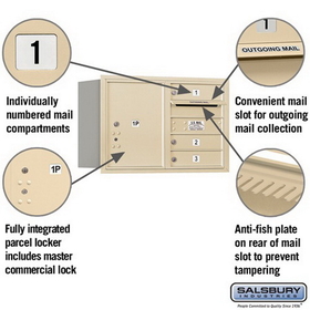 Salsbury Industries 3705D-03SRP Recessed Mounted 4C Horizontal Mailbox - 5 Door High Unit (20 Inches) - Double Column - 3 MB1 Doors / 1 PL5 - Sandstone - Rear Loading - Private Access