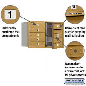 Salsbury Industries 3705D-07GFP Recessed Mounted 4C Horizontal Mailbox (Includes Master Commercial Lock)-5 Door High Unit (20 Inches)-Double Column-7 MB1 Doors-Gold-Front Loading-Private Access