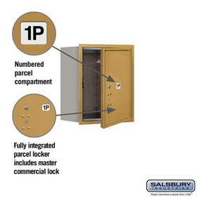 Salsbury Industries 3705S-1PGFP Recessed Mounted 4C Horizontal Mailbox - 5 Door High Unit (20 Inches) - Single Column - Stand-Alone Parcel Locker - 1 PL5 - Gold - Front Loading - Private Access