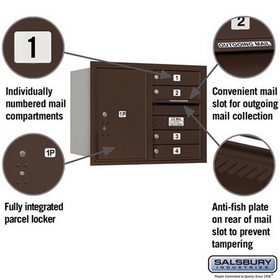 Salsbury Industries 3706D-04ZRU Recessed Mounted 4C Horizontal Mailbox - 6 Door High Unit (23 1/2 Inches) - Double Column - 4 MB1 Doors / 1 PL6 - Bronze - Rear Loading - USPS Access