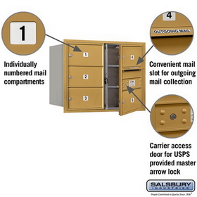 Salsbury Industries 3706D-05GFU Recessed Mounted 4C Horizontal Mailbox - 6 Door High Unit (23 1/2 Inches) - Double Column - 5 MB2 Doors - Gold - Front Loading - USPS Access