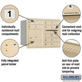 Salsbury Industries 3706D-06SRU Recessed Mounted 4C Horizontal Mailbox - 6 Door High Unit (23 1/2 Inches) - Double Column - 6 MB1 Doors / 1 PL4 - Sandstone - Rear Loading - USPS Access