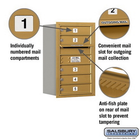 Salsbury Industries 3707S-05GRU Recessed Mounted 4C Horizontal Mailbox - 7 Door High Unit (27 Inches) - Single Column - 5 MB1 Doors - Gold - Rear Loading - USPS Access