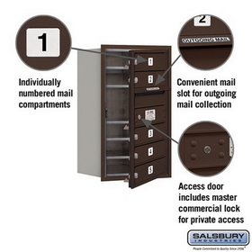 Salsbury Industries 3707S-05ZFP Recessed Mounted 4C Horizontal Mailbox (Includes Master Commercial Lock)-7 Door High Unit (27 Inches)-Single Column-5 MB1 Doors-Bronze-Front Loading-Private Access