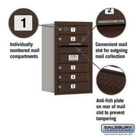 Salsbury Industries 3707S-05ZRP Recessed Mounted 4C Horizontal Mailbox - 7 Door High Unit (27 Inches) - Single Column - 5 MB1 Doors - Bronze - Rear Loading - Private Access