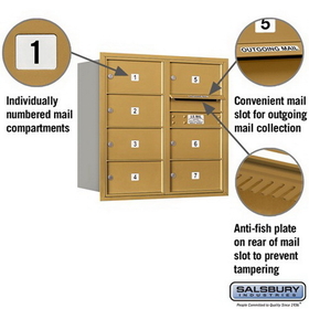 Salsbury Industries 3708D-07GRU Recessed Mounted 4C Horizontal Mailbox - 8 Door High Unit (30 1/2 Inches) - Double Column - 7 MB2 Doors - Gold - Rear Loading - USPS Access