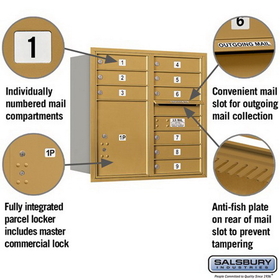 Salsbury Industries 3708D-09GRP Recessed Mounted 4C Horizontal Mailbox - 8 Door High Unit (30 1/2 Inches) - Double Column - 9 MB1 Doors / 1 PL5 - Gold - Rear Loading - Private Access
