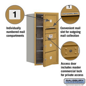 Salsbury Industries 3708S-03GFP Recessed Mounted 4C Horizontal Mailbox (Includes Master Commercial Lock)-8 Door High Unit (30 1/2 Inches)-Single Column-3 MB2 Doors-Gold-Front Loading-Private Access