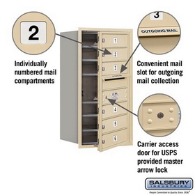 Salsbury Industries 3708S-06SFU Recessed Mounted 4C Horizontal Mailbox - 8 Door High Unit (30 1/2 Inches) - Single Column - 6 MB1 Doors - Sandstone - Front Loading - USPS Access