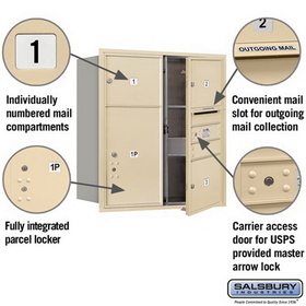 Salsbury Industries 3709D-03SFU Recessed Mounted 4C Horizontal Mailbox - 9 Door High Unit (34 Inches) - Double Column - 3 MB3 Doors / 1 PL6 - Sandstone - Front Loading - USPS Access