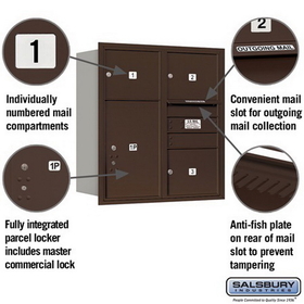 Salsbury Industries 3709D-03ZRP Recessed Mounted 4C Horizontal Mailbox - 9 Door High Unit (34 Inches) - Double Column - 3 MB3 Doors / 1 PL6 - Bronze - Rear Loading - Private Access
