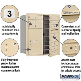 Salsbury Industries 3709D-10SFP Recessed Mounted 4C Horizontal Mailbox - 9 Door High Unit (34 Inches) - Double Column - 10 MB1 Doors / 1 PL6 - Sandstone - Front Loading - Private Access