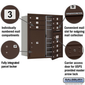 Salsbury Industries 3709D-10ZFU Recessed Mounted 4C Horizontal Mailbox - 9 Door High Unit (34 Inches) - Double Column - 10 MB1 Doors / 1 PL6 - Bronze - Front Loading - USPS Access