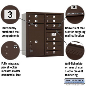 Salsbury Industries 3709D-10ZRU Recessed Mounted 4C Horizontal Mailbox - 9 Door High Unit (34 Inches) - Double Column - 10 MB1 Doors / 1 PL6 - Bronze - Rear Loading - USPS Access