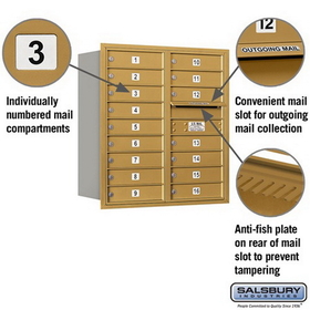 Salsbury Industries 3709D-16GRU Recessed Mounted 4C Horizontal Mailbox - 9 Door High Unit (34 Inches) - Double Column - 16 MB1 Doors - Gold - Rear Loading - USPS Access