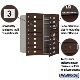 Salsbury Industries 3709D-16ZFP Recessed Mounted 4C Horizontal Mailbox (Includes Master Commercial Lock)-9 Door High Unit (34 Inches)-Double Column-16 MB1 Doors-Bronze-Front Loading-Private Access