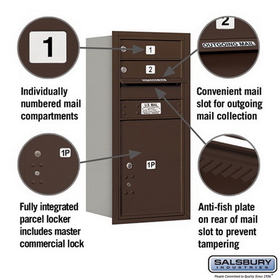 Salsbury Industries 3709S-02ZRP Recessed Mounted 4C Horizontal Mailbox - 9 Door High Unit (34 Inches) - Single Column - 2 MB1 Doors / 1 PL5 - Bronze - Rear Loading - Private Access