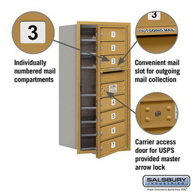 Salsbury Industries 3709S-07GFU Recessed Mounted 4C Horizontal Mailbox - 9 Door High Unit (34 Inches) - Single Column - 7 MB1 Doors - Gold - Front Loading - USPS Access