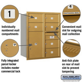 Salsbury Industries 3710D-06GRP Recessed Mounted 4C Horizontal Mailbox - 10 Door High Unit (37 1/2 Inches) - Double Column - 6 MB2 Doors / 1 PL6 - Gold - Rear Loading - Private Access