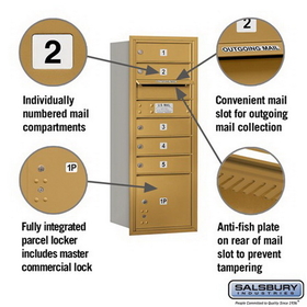 Salsbury Industries 3710S-05GRP Recessed Mounted 4C Horizontal Mailbox - 10 Door High Unit (37 1/2 Inches) - Single Column - 5 MB1 Doors / 1 PL3 - Gold - Rear Loading - Private Access