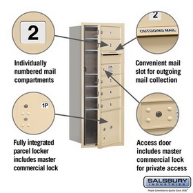 Salsbury Industries 3710S-05SFP Recessed Mounted 4C Horizontal Mailbox - 10 Door High Unit (37 1/2 Inches) - Single Column - 5 MB1 Doors / 1 PL3 - Sandstone - Front Loading - Private Access