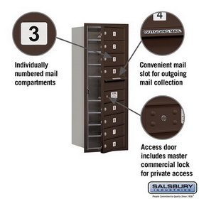 Salsbury Industries 3710S-08ZFP Recessed Mounted 4C Horizontal Mailbox - 10 Door High Unit (37 1/2 Inches) - Single Column - 8 MB1 Doors - Bronze - Front Loading - Private Access