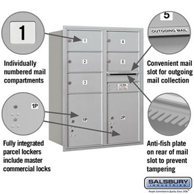Salsbury Industries 3711D-05ARP Recessed Mounted 4C Horizontal Mailbox - 11 Door High Unit (41 Inches) - Double Column - 5 MB2 Doors / 2 PL5s - Aluminum - Rear Loading - Private Access