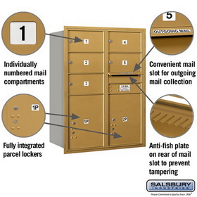 Salsbury Industries 3711D-05GRU Recessed Mounted 4C Horizontal Mailbox - 11 Door High Unit (41 Inches) - Double Column - 5 MB2 Doors / 2 PL5s - Gold - Rear Loading - USPS Access