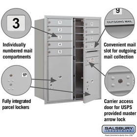 Salsbury Industries 3711D-09AFU Recessed Mounted 4C Horizontal Mailbox - 11 Door High Unit (41 Inches) - Double Column - 9 MB1 Door / 1 PL5 and 1 PL6 - Aluminum - Front Loading - USPS Access