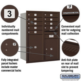 Salsbury Industries 3711D-09ZRP Recessed Mounted 4C Horizontal Mailbox - 11 Door High Unit (41 Inches) - Double Column - 9 MB1 Door / 1 PL5 and 1 PL6 - Bronze - Rear Loading - Private Access
