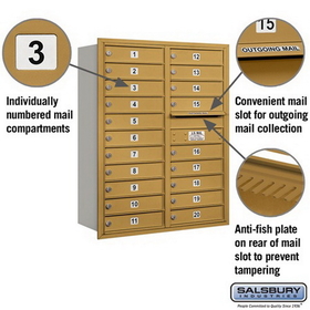 Salsbury Industries 3711D-20GRU Recessed Mounted 4C Horizontal Mailbox - 11 Door High Unit (41 Inches) - Double Column - 20 MB1 Doors - Gold - Rear Loading - USPS Access