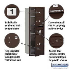 Salsbury Industries 3711S-02ZFP Recessed Mounted 4C Horizontal Mailbox - 11 Door High Unit (41 Inches) - Single Column - 2 MB2 Doors / 1 PL5 - Bronze - Front Loading - Private Access