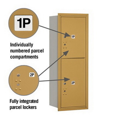 Salsbury Industries 3711S-2PGRU Recessed Mounted 4C Horizontal Mailbox-11 Door High Unit (41 Inches)-Single Column-Stand-Alone Parcel Locker-1 PL5 and 1 PL6-Gold-Rear Loading-USPS Access