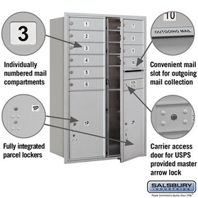 Salsbury Industries 3712D-10AFU Recessed Mounted 4C Horizontal Mailbox - 12 Door High Unit (44 1/2 Inches) - Double Column - 10 MB1 Doors / 2 PL6s - Aluminum - Front Loading - USPS Access