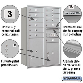 Salsbury Industries 3712D-11ARU Recessed Mounted 4C Horizontal Mailbox - 12 Door High Unit (44 1/2 Inches) - Double Column - 11 MB1 Doors / 1 PL5 and 1 PL6 - Aluminum - Rear Loading - USPS Access