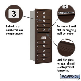 Salsbury Industries 3712S-10ZRP Recessed Mounted 4C Horizontal Mailbox - 12 Door High Unit (44 1/2 Inches) - Single Column - 10 MB1 Doors - Bronze - Rear Loading - Private Access